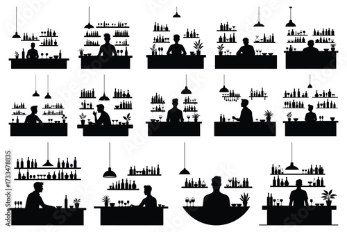Silhouettes of bartenders and bar shelves with bottles and glasses