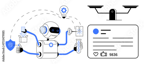 Robot performing tasks with tools, data management, ethics balance, shield icon, thumbs up metrics, and bulb idea. Ideal for AI, robotics, innovation ethics technology automation simple landing