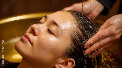 A calm woman receives a Japanese head spa. Golden water gently cleans her scalp, promoting relaxation and scalp health. The treatment aims to rejuvenate the mind and body.
 