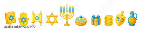 Happy Hanukkah watercolor traditional holiday symbols and attributes set. Menorah, star of David, sufganiyot, dreidel. Stickers, clip art, vector illustration isolated on transparent background