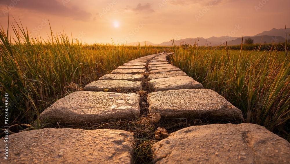 Fototapeta premium Stone pathway in golden grass field during sunset