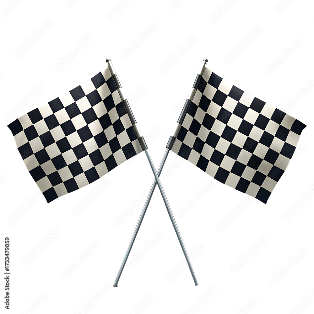 Fototapeta premium Two checkered flags crossed against a black background signifying a racing event or competition end