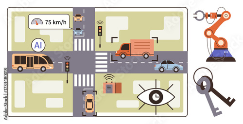 AI-controlled vehicles at an urban intersection, traffic signals, robotic arm, and security keys. Ideal for traffic management, automation, urban planning, AI integration, logistics safety
