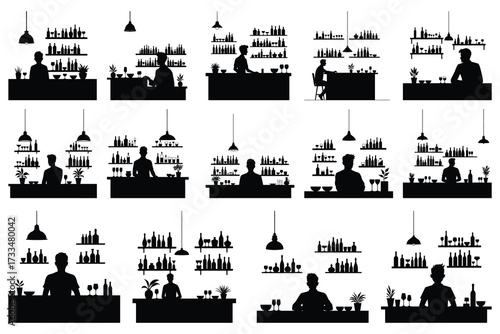 Silhouettes of bartenders and bar shelves with bottles and glasses