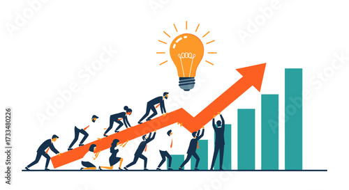 Business Team Pushing Growth Arrow Towards Success with Bright Idea