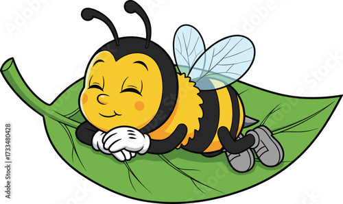 Cute cartoon bee sleeping peacefully on green leaf, adorable insect character, nature design, relaxing honeybee mascot, resting bumblebee illustration artwork