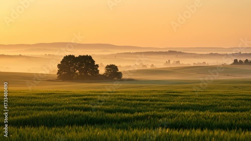 Golden Sunrise Over Misty Farmland with Silhouetted Trees.