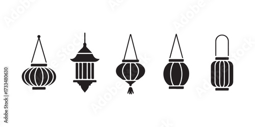 Black and White Silhouette Illustration of Five Unique Hanging Asian Lanterns on White
