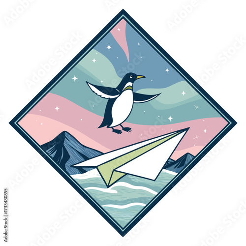 A penguin flying on a paper airplane under the aurora borealis.