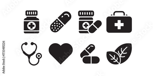Black Silhouette Icons Featuring Medicine Bottle Capsule Stethoscope Heart First Aid and Leaves
