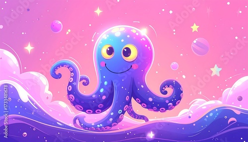 Cartoon octopus floating in dreamy sky with stars and clouds