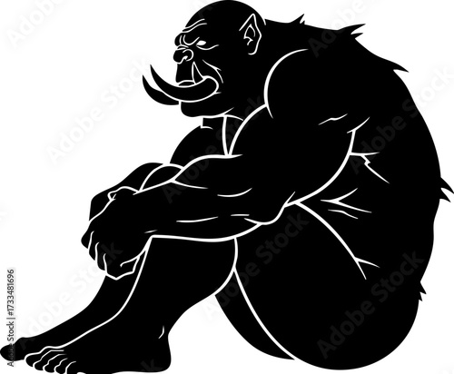 Powerful, muscular orc warrior sits in contemplative pose, showcasing inner strength and warrior spirit with iconic tusks and intense gaze.