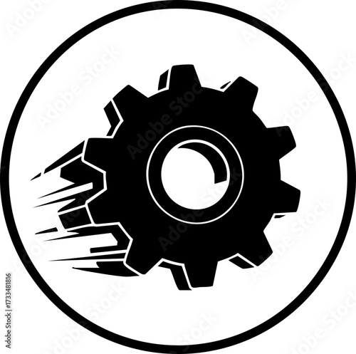 Dynamic gear icon symbolizing mechanical progress and industrial innovation, conveying power and forward momentum for business solutions.