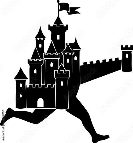 Dynamic castle structure with human legs running, symbolizing rapid progress and architectural innovation in motion, a powerful visual metaphor for fast-paced development and ambition