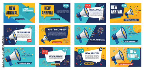 Editable Vector New Arrival Banners Pack – Social Media Ad Templates with Megaphone and Modern Design