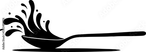 Dynamic splash of dark liquid erupting from a sleek spoon, capturing motion and flavor in a bold graphic.