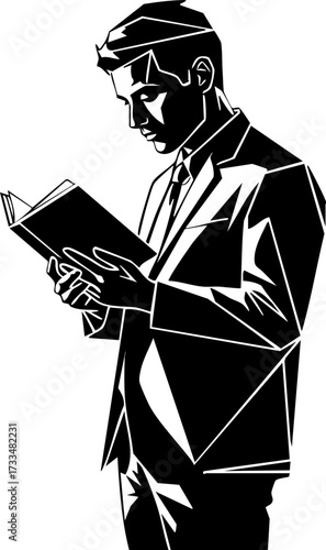 Focused businessman in sharp suit diligently reading important document, seeking knowledge and insight for professional growth and success.