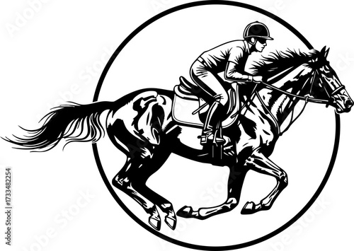 Dynamic jockey rides powerful horse in thrilling race action captured within a bold circular emblem, conveying speed and competitive spirit.