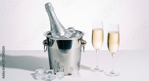 Chilled champagne bottle in ice bucket with two filled flutes on white backdrop