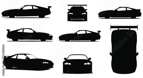 Silhouette Vector Illustration Different Views of a Sports Car with Rear Spoiler