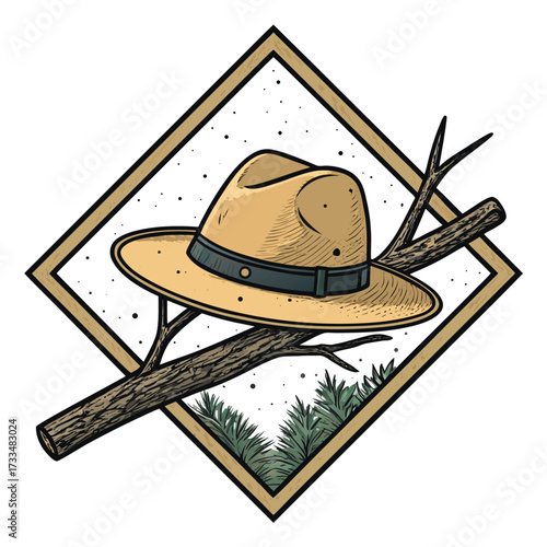 A ranger hat rests on a tree branch inside a diamond shape.