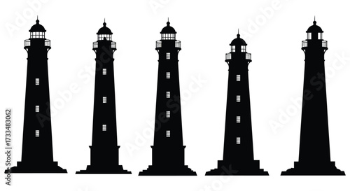 Silhouette Collection of Lighthouses Against a White Background Nautical Navigation