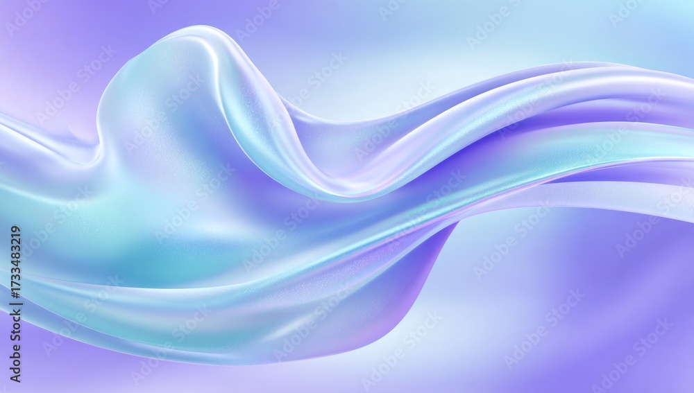 Fototapeta premium Fluid, iridescent pastel fabric drapes gracefully over a soft, light-purple background.