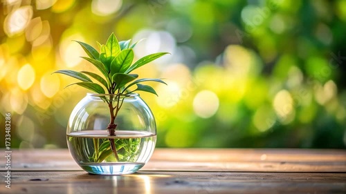 Green plant growing in a glass vase on a wooden table with bokeh background.