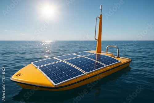 Autonomous solar-powered research boat floats calmly on the ocean surface. Sustainable marine technology enables environmental data collection.