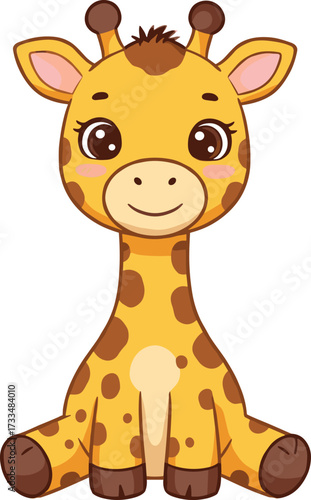 Cute cartoon giraffe illustration, happy baby animal character, adorable jungle wildlife drawing, friendly zoo mascot, yellow spotted calf artwork, safari animal design