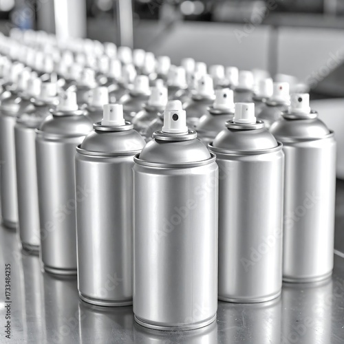 Silver spray paint cans on a conveyor belt