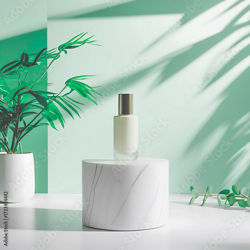 Minimalist And Elegant Perfume Bottle Product Photography, Background Soft Green Pastel with Studio Lighting, Perfect for Perfume, Cosmetics And High-End Product Display, No Brand Label for Mockup