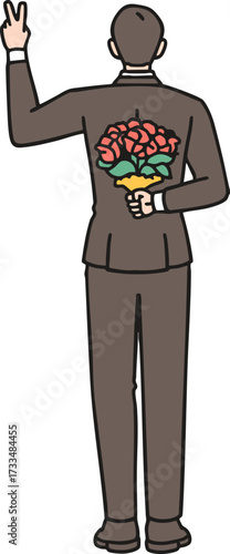 The back of a man holding a bouquet of flowers