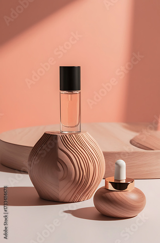 Luxury Product Photography Spray Bottle, Wood Texture Base with Orange Pastel background Studio Lighting, Ideal for Cosmetic, Perfume and Beauty Branding, No Brand Label for Mockup