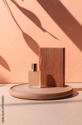 High End Product Photography Spray Bottle, Wood Texture Base with Orange Pastel background Studio Lighting, Ideal for Cosmetic, Perfume and Beauty Branding, No Brand Label for Mockup