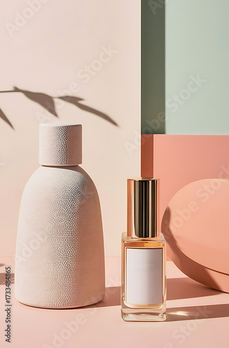 Professional Minimalist Photography Spray Bottle, Wood Texture Base with Orange Pastel background Studio Lighting, Ideal for Cosmetic, Perfume and Beauty Branding