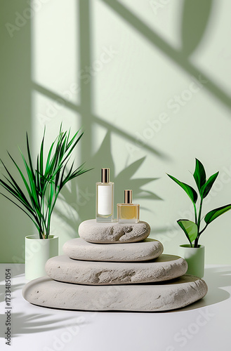High end Perfume Bottle Product Photography on Stone, Background Soft Pastel with Natural Lighting, Perfect for Perfume, Cosmetics And High-End Product Display, No Brand Label for Mockup