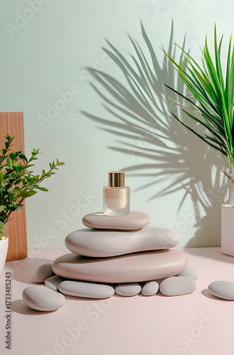 Minimalist And Elegant Perfume Bottle Product Photography on Stone, Background Soft Pastel with Studio Lighting, Perfect for Perfume, Cosmetics And High-End Product Display, No Brand Label for Mockup