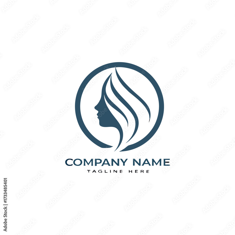 Fototapeta premium Elegant woman silhouette with flowing hair and black, green leaves featuring natural beauty, wellness, spa, organic products, and eco-friendly brand logo design vector