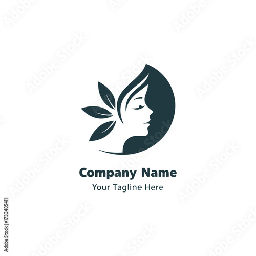 Elegant woman silhouette with flowing hair and black, green leaves featuring natural beauty, wellness, spa, organic products, and eco-friendly brand logo design vector