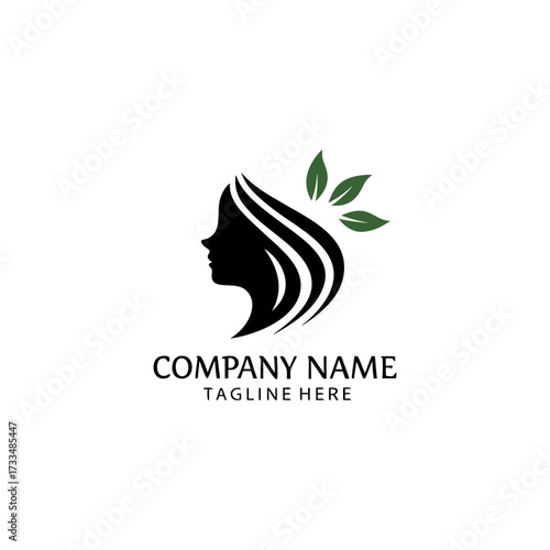 Elegant woman silhouette with flowing hair and black, green leaves featuring natural beauty, wellness, spa, organic products, and eco-friendly brand logo design vector