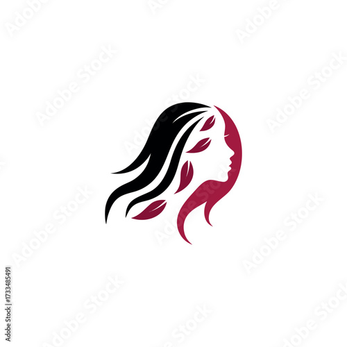 Elegant woman silhouette with flowing hair and black, green leaves featuring natural beauty, wellness, spa, organic products, and eco-friendly brand logo design vector