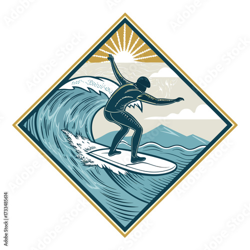 A surfer rides a wave under a sunburst in a diamond shape.