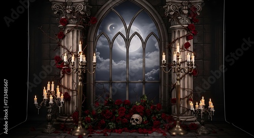Wallpaper Mural Gothic Window with Candles Roses and Skull for Dramatic Scene Setting Torontodigital.ca