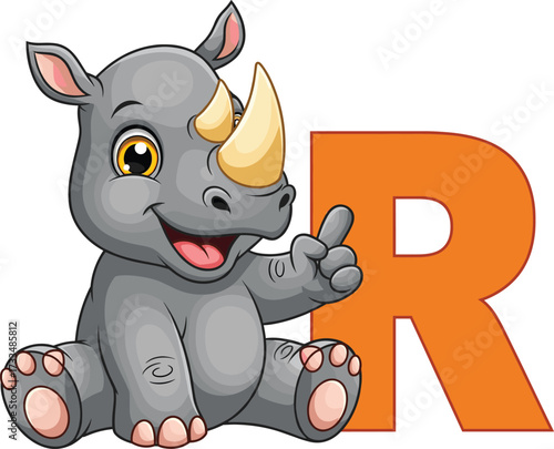 Cute cartoon rhino sitting with letter R, baby animal alphabet character illustration, educational nursery wall art, learning print