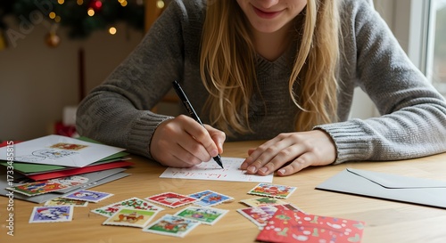 Person writing on paper with cards