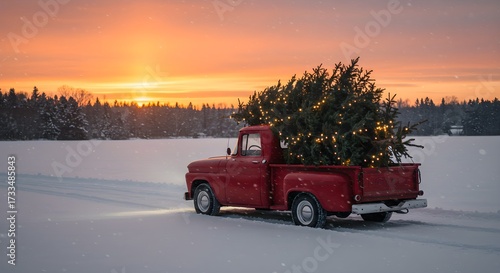 Red truck christmas tree winter landscape