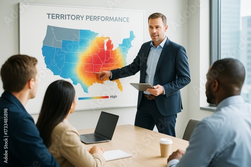 Businessman presenting territory performance heat map to team in modern office during strategic meeting on light background. Ai generative. Ai generative