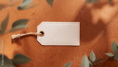 Empty rectangular price tag with twine against warm surface, merchandise, shopping, marketing, commerce, identity