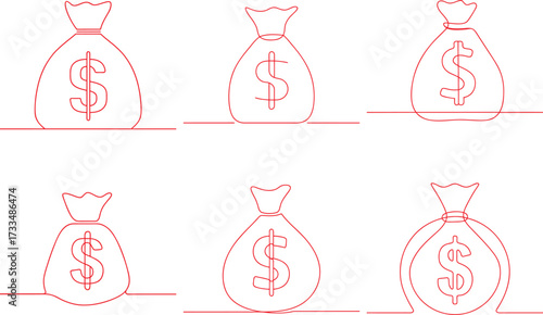 Minimalist continuous line drawing of a money bag with a dollar sign